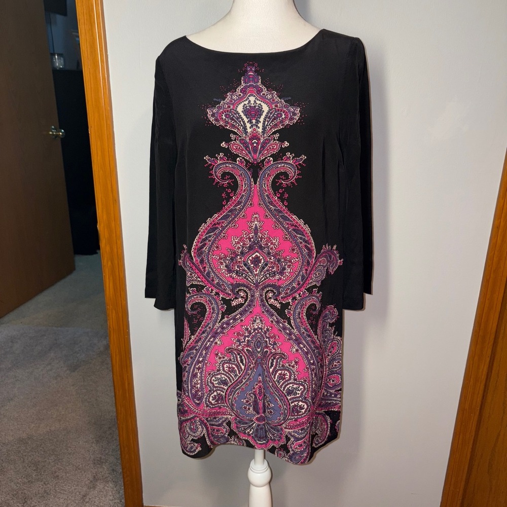 Tibi New York Black Pink Paisley Silk Shift Dress 3/4 Sleeve Size 6 Keyhole Back